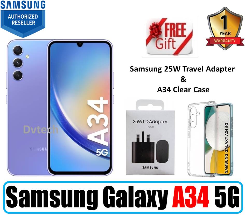 2023 Model | Samsung Galaxy A34 (5G) |(8GB 128GB) | Local Set 1 Year Samsung Warranty | FREE 25W PD Adapter & Clear Case