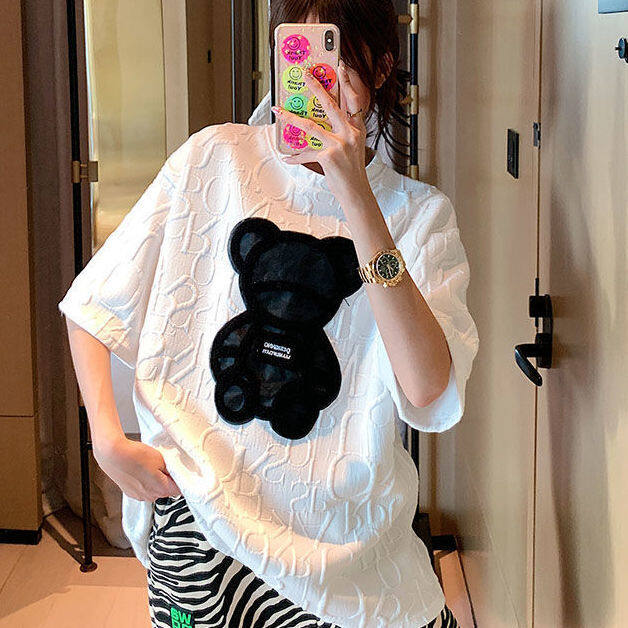 【40-80Kg】Plus size ins tshirt for women Korean version BF bear embroidery short sleeve loose all-match casual bottoming shirt